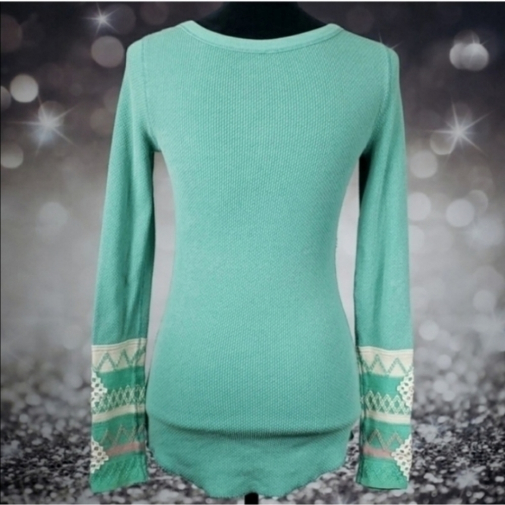 Free People Mint Green Long Sleeve Crochet Trim Thermal Tee - Picture 3 of 4